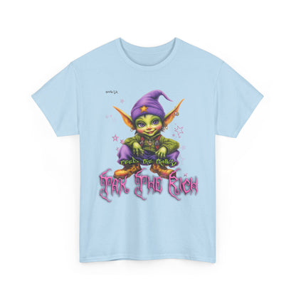 Mischievous Elf Holding Coins T-Shirt | Lucky Leprechaun Graphic Tee