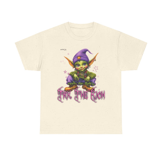 Mischievous Elf Holding Coins T-Shirt | Lucky Leprechaun Graphic Tee