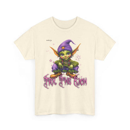 Mischievous Elf Holding Coins T-Shirt | Lucky Leprechaun Graphic Tee